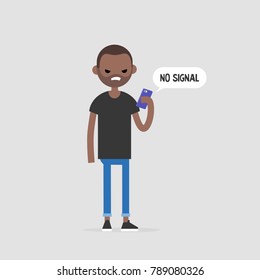 No signal, conceptual illustration. Angry character holding a smartphone. No internet. Flat editable vector illustration, clip art