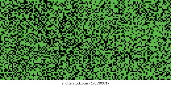 No signal. Dotted, dot point pixels. Pixel date. Monochrome seamless pattern. Mosaic background. Raster square shapes. Old green squares. Computer display screen monitor. Pixelated Game over 8 bit