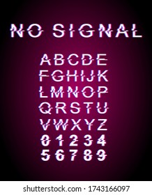 No signal glitch font template. Retro futuristic style vector alphabet set on pink background. Capital letters, numbers and symbols. Analog video playing error typeface design with distortion effect