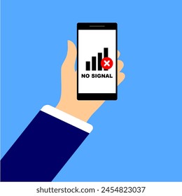 no signal illustration with phone and hand blue background