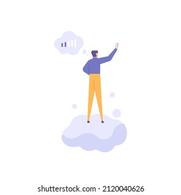 no signal, no internet network, weak signal. illustration of a man riding a cloud to search or to get a signal. problems and technology. flat cartoon. concept design. ui, element, landing page