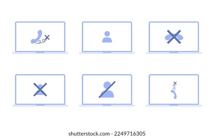No signal or lost connection. Set of illustrations with different icons on a laptop