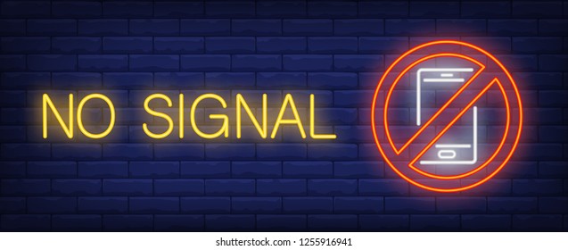 No signal neon sign. Glowing inscription with red interdiction sign and mobile phone on brick wall background. Vector illustration can be used for mobile phone, connection, signal