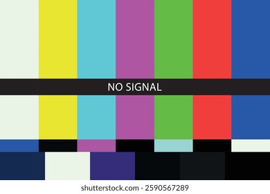 No signal poster. colorful error message displaying on TV screen. retro television test pattern. flat style. Vector illustration.