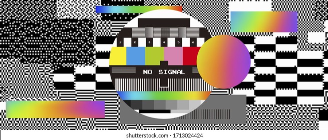 No Signal TV retro television test pattern with color RGB Bars and VHS glitch effect. Vaporwave and retrowave style background.