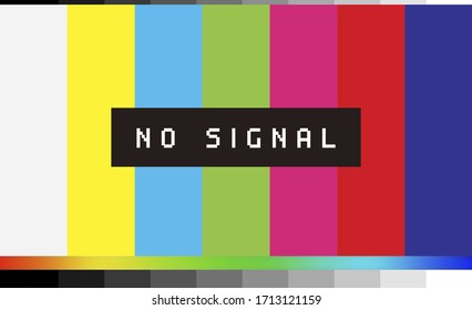 No Signal TV retro television test pattern with color RGB Bars and VHS glitch effect. Vaporwave and retrowave style background.