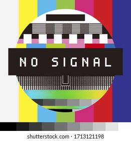 No Signal TV Retro Television Test Pattern With Color RGB Bars And VHS Glitch Effect. Vaporwave And Retrowave Style Background.