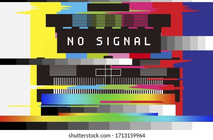 No Signal TV Retro Television Test Pattern With Color RGB Bars And VHS Glitch Effect.