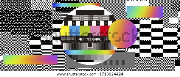 No Signal TV retro television test pattern\
with color RGB Bars and VHS glitch effect. Vaporwave and retrowave\
style background.