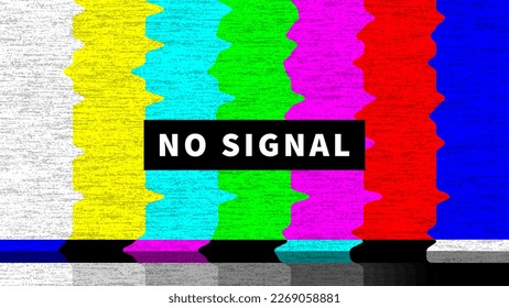 No signal TV screen test, glitch color pattern and grain noise, vector background. No signal broken television broadcast error with grain noise color bars