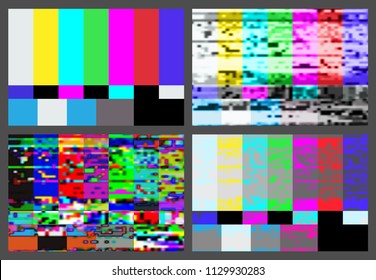 No Signal TV Test Pattern Background Set. SMPTE Color Bars Glitch Design. Vector Illustration.