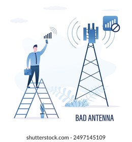 No signal, user standing on ladder and want search internet connection. Hotspot error. Wifi unavailable, wireless connect has no internet. Problems with router, network or communication tower. vector