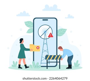 No signal warning message, lost or bad internet connection problem vector illustration. Cartoon tiny people holding folder and road barrier, antenna with exclamation mark on mobile phone screen