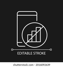 No signal white linear icon for dark theme. Mobile phone and signal bars indicator. Dial problem. Thin line customizable illustration. Isolated vector contour symbol for night mode. Editable stroke