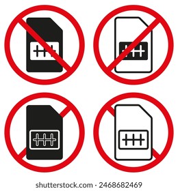 No SIM card icons. Prohibited red circle. Black and white vector. Communication ban.