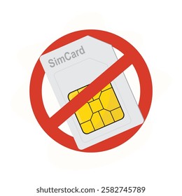 No simcard sign. Sim card rejected. Mobile phone chip in red warning circle. Mobile technology, esim. flat vector illustration