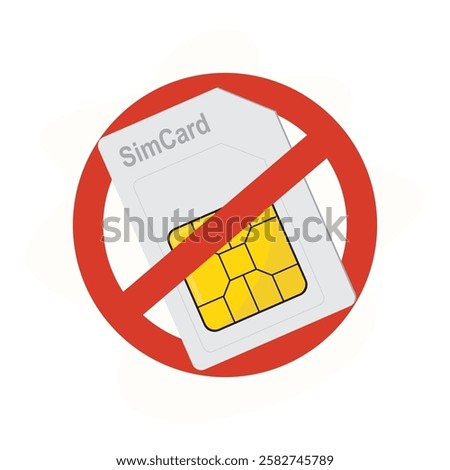 No simcard sign. Sim card rejected. Mobile phone chip in red warning circle. Mobile technology, esim. flat vector illustration