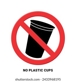 no single use plastic cups red prohibition sign, say no to plastic pollution, save earth, zero waste concept, vector illustration