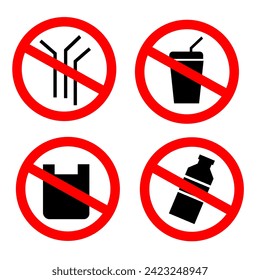 no single use plastic icon. ban plastic straw. ban cups. no bootle. no plastic bag