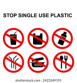 no single use plastic icon. ban straw. no cups. ban bootle. no plastic bag. no container food plastic. ban fork plastic.