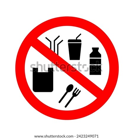 no single use plastic icon set.ban straw. no cups. ban bootle. no plastic bag. no container food plastic. ban fork plastic