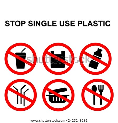 no single use plastic icon. ban straw. no cups. ban bootle. no plastic bag. no container food plastic. ban fork plastic.