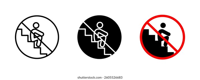 No sitting on stairs icon. Prohibited behavior vector illustration. Restriction sign for maintaining safety and order in public areas. Warning symbol for preventing obstruction in urban.