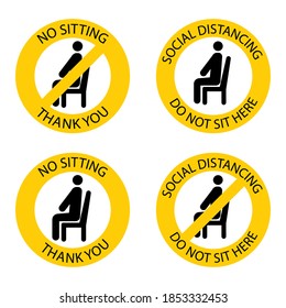 No sitting there. Forbidden seat. Keep social distance to prevent infection with the coronavirus. Do not sit here. Keep your distance when you are sitting. Man on the chair. Vector illustration