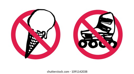 No skate, no icecream. Red rohibitory signs. Grunge ink forbidden silhouettes vector isolated on a white background.