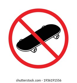 No skateboarding prohibition sign, Forbidden symbol sticker for area places, Banned activities, Isolated on white background, Flat design vector illustration