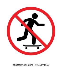 No skateboarding prohibition sign, Forbidden symbol sticker for area places, Banned activities, Isolated on white background, Flat design vector illustration