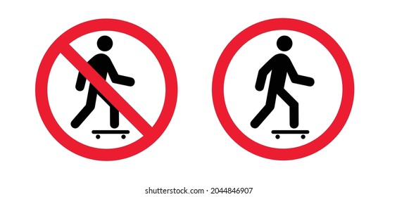 No skateboarding. Stop do not skateboard zone pictogram. Forbidden for Skateboards icon. Forbid depicting banned activities. Stop halt allowed, no ban signboard. Flat vector no skater sign.