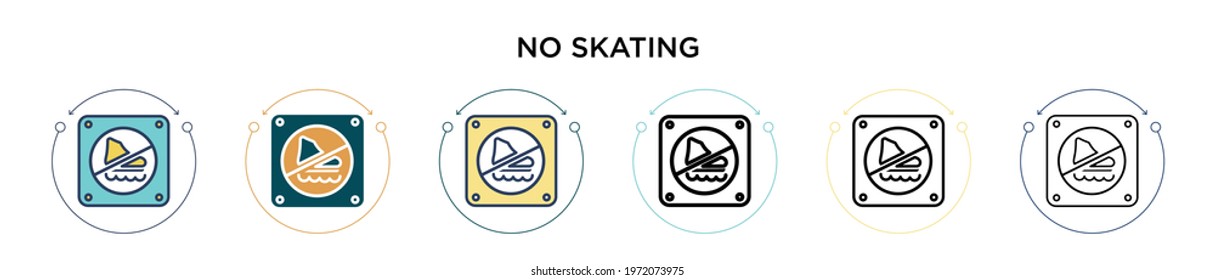 No skating icon in filled, thin line, outline and stroke style. Vector illustration of two colored and black no skating vector icons designs can be used for mobile, ui, web