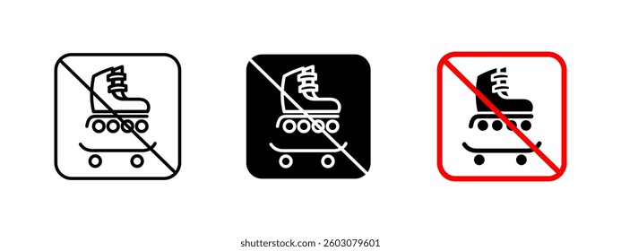 No skating icon. Prohibited roller and skateboard vector illustration. Park and public area safety symbol. Restriction sign for urban environments and recreational regulations.