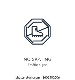 No skating icon. Thin linear no skating outline icon isolated on white background from traffic signs collection. Line vector sign, symbol for web and mobile