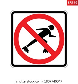No skating sign. Vector illustration of red crossed circle sign with skater icon inside. Ban for roller skaters isolated on white background. Prohibition symbol.