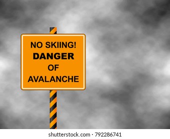 No skiing track closed avalanche danger slope. Security prohibition sign with black text on yellow background. Vector illustration. Sign isolated on a grey sky
