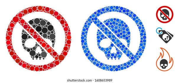 No skull mosaic of filled circles in variable sizes and color hues, based on no skull icon. Vector filled circles are organized into blue collage. Dotted no skull icon in usual and blue versions.