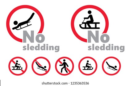 No sledding or sleigh sign Funny vector sledge warning zone signs Stop cross country sledging icons Do not enter area icon Attention forbid sledge or sledding on road Halt allowed no ban sleighing