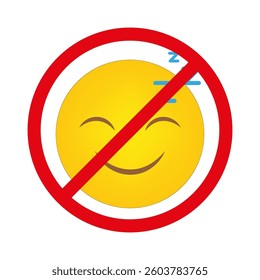 No sleep emoji. Prohibited sleeping symbol. Bold red line. Yellow round face.