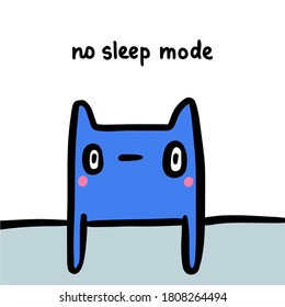 No modo de sueño ilustración de vector dibujada a mano en el estilo de doodle de dibujos animados gato azul insomnio expreso