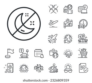 No sleep sign. Plane jet, travel map and baggage claim outline icons. Insomnia line icon. Night sleeplessness symbol. Insomnia line sign. Car rental, taxi transport icon. Place location. Vector