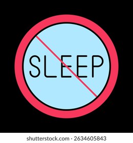 No sleep symbol icon. Blue background with crossed-out sleep word, concept of insomnia or energy.