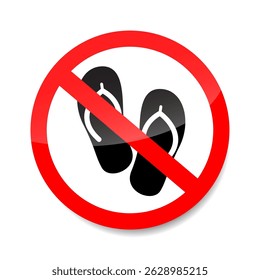 No slippers sign vector. Red prohibition symbol indicating footwear restriction.