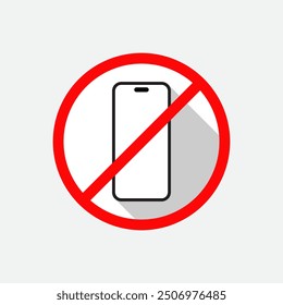 No smartphone icon with long shadow. Mobile phone barring sign symbol