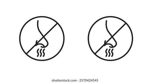 No smell sign vectors set in black. line and flat versions