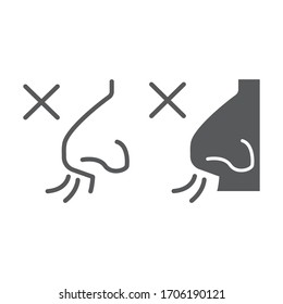 No smell symptom line and glyph icon, infection and covid-19, coronavirus symptom sign, vector graphics, a linear icon on a white background, eps 10