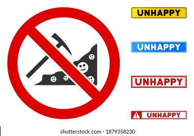 No Smile Mining sign with phrases in rectangular frames. Illustration style is a flat iconic symbol inside red crossed circle on a white background. Simple No Smile Mining vector sign,