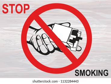 No smoke. Reject the offer of cigarettes. The concept of tobacco control. A pack of cigarettes in hand with a prohibitory sign. Vector. Poster on a wooden background.