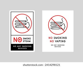 Sin humo, sin vapor. No hay ningún tipo de dispositivo para fumar. No hay signos de fumar. No se permite fumar ni vaporizar. Infografía urbana, pegatinas, afiches. Archivo vector.